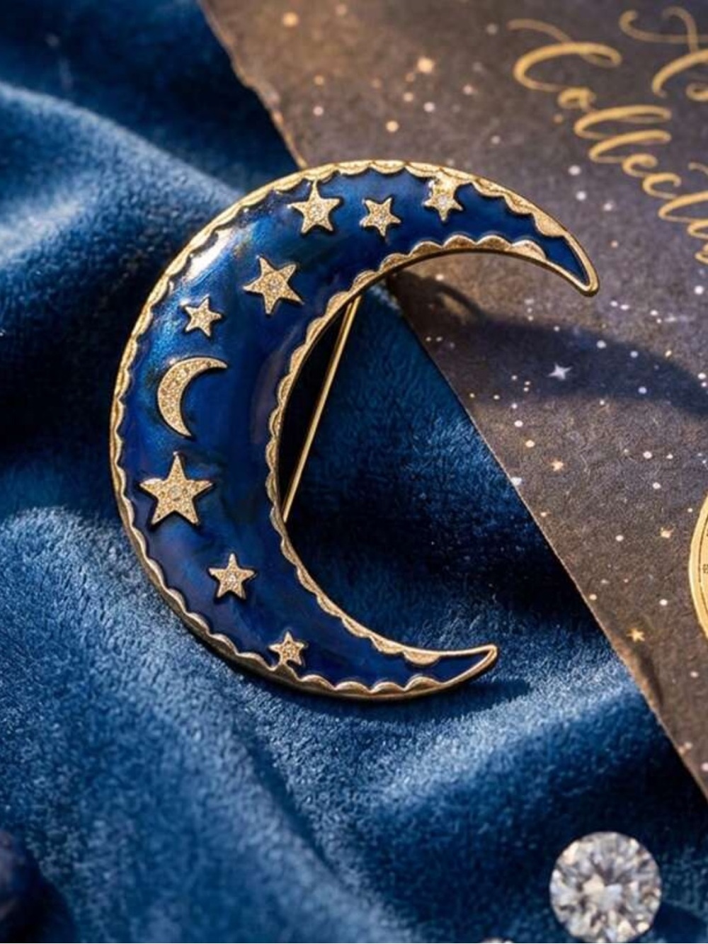 Blue Crescent Moon Star Gold Brooch